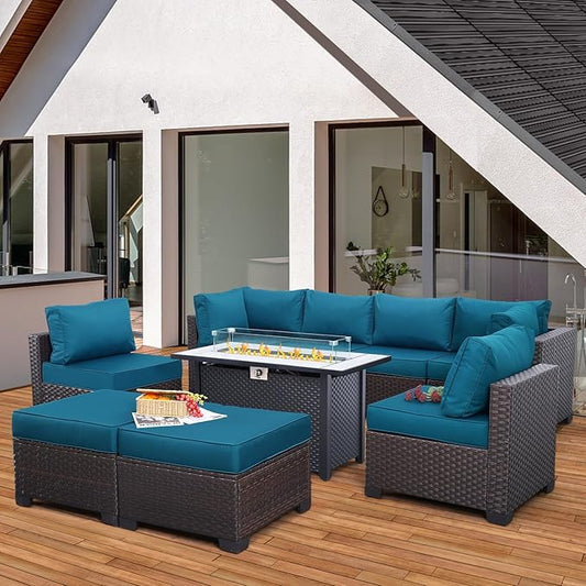 9 Pieces Wicker Patio Furniture Set Outdoor PE Rattan Sectional Conversation Sofa Set with Peacock Blue Cushions and 45” Gas fire Pit Table