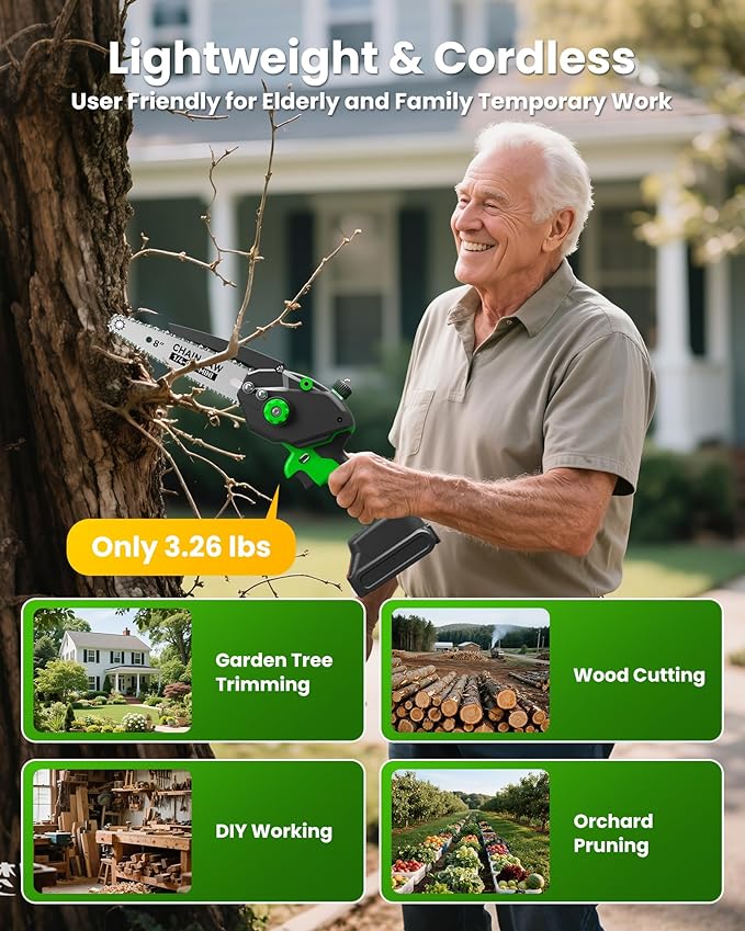 Mini Chainsaw Electric Cordless: 8 Inch & 6 Inch Brushless Chain Saw with 2 Pack Rechargeable Batteries, Battery Powered Handheld Saw for Trees Trimming Wood Cutting, Perfect Gardening Tools for Men