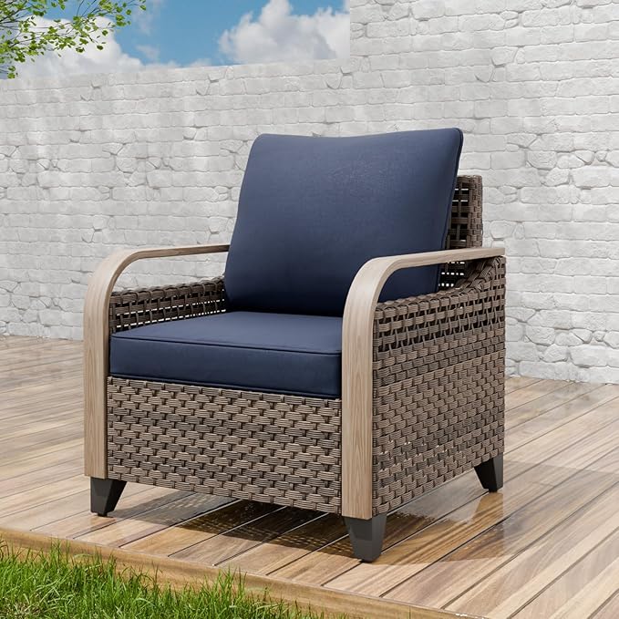 EAGLE PEAK Modern Wicker Outdoor Chair, Patio Chair Curved Armrest, Rattan Patio Furniture for Yard Deck Porch Garden, 1 Chair, Brown/Blue