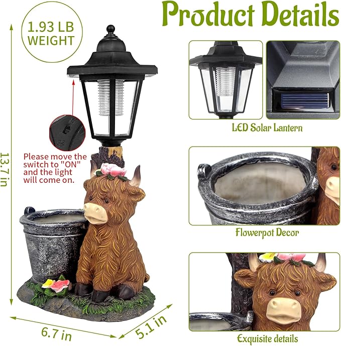 YEPOTUE Solar Highland Cow Outdoor Statues, Garden Sculptures with Flowerpot Decor & Solar Lantern for Yard Art Lawn Ornaments Porch Patio Balcony - Birthday Gifts for Women Mom
