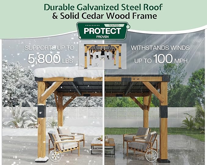 Jocisland 10' x 12' Cedar Wood Gazebo with Sloped Galvanized Steel Roof, Hardtop Gazebo Pavilion with Durable, Rot-Resistant Construction, Permanent Outdoor Pergola for Backyard, Garden & Deck