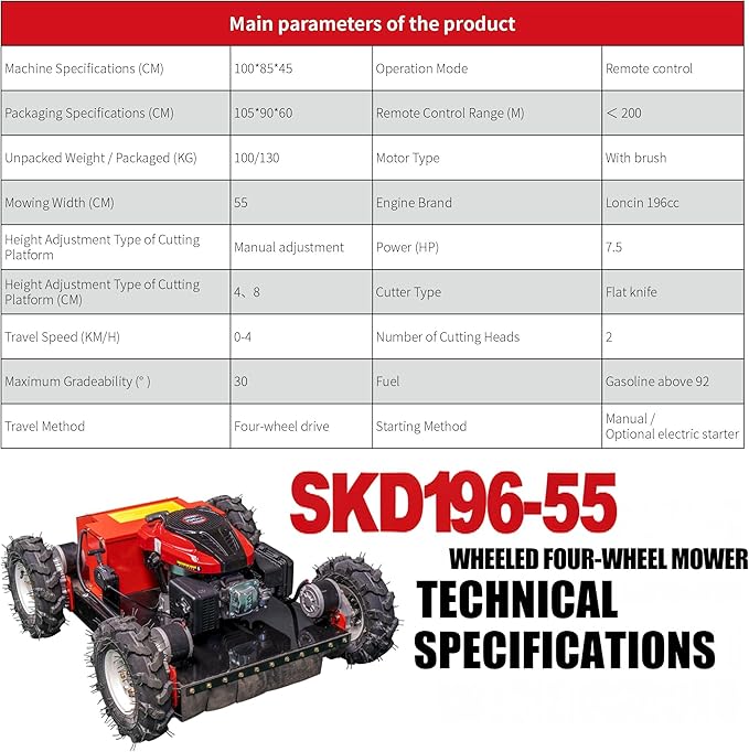 Lawn Mower, Remote Control Lawn, Small Crawler Oil-Electric Hybrid Four-Wheel Drive Lawn Mowing and Weed Whacker, All Terrain Grass Cutter Yard Mower, 30° Climbing (SKD-196-55)