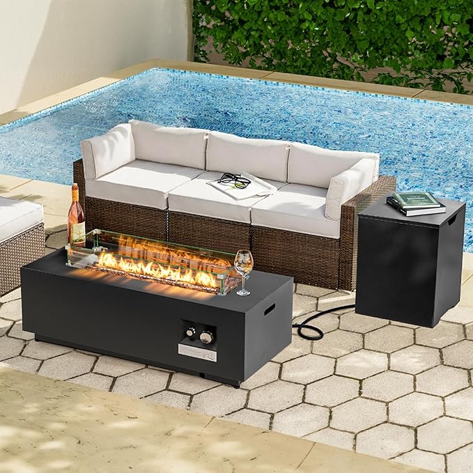 42” Rectangle Fire Pit Table Propane, 50,000 BTU Outdoor Steel Firepit with Tank Cover, Wind Guard, Waterproof Cover, Lava Rocks for Outside Patio Backyard, Black