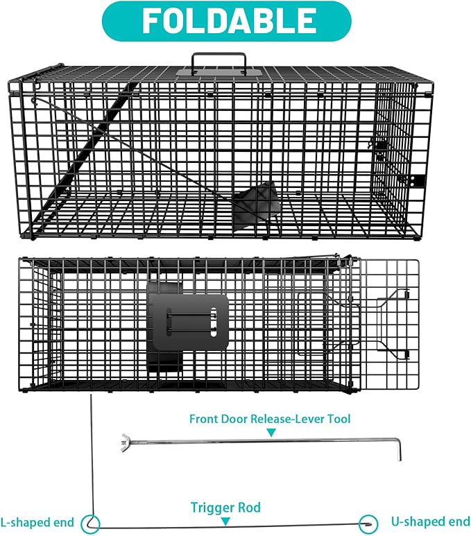 Live Humane Animal Trap, 32" x 11" x 12" Heavy Duty Humane Animal Cage Trap Catch and Release, Foldable Cat Trap for Stray Cats, Raccoons, Groundhogs, Opossums, Armadillos, and Similar-Sized Animals