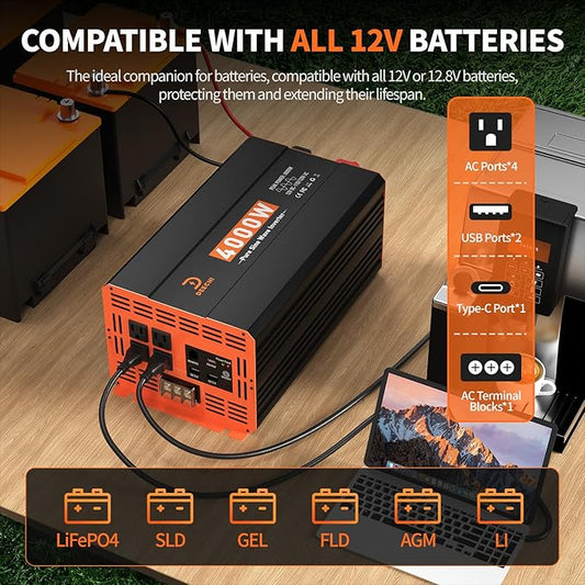 4000 Watt Pure Sine Wave Inverter 12V DC to 110V/120V AC Converter for RV/Truck/Home/Off-Grid Solar Car Power Inverter for Vehicles with 4 AC, 2 USB & 1 Type-C Ports, Hardwire Kit, Remote Controller