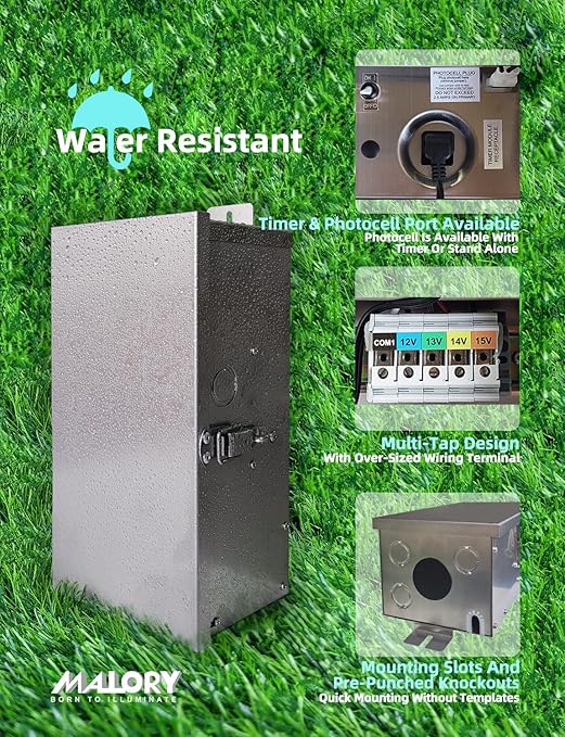 MALORY 300W Wi-Fi Low Voltage Transformer with 3 Zones for Landscape Lighting,2.4Ghz Smart 120V AC to 12V/13V/15V Multi-Tap Waterproof Power Supply for Outdoor Landscape Lights,Yard Lights,Garden