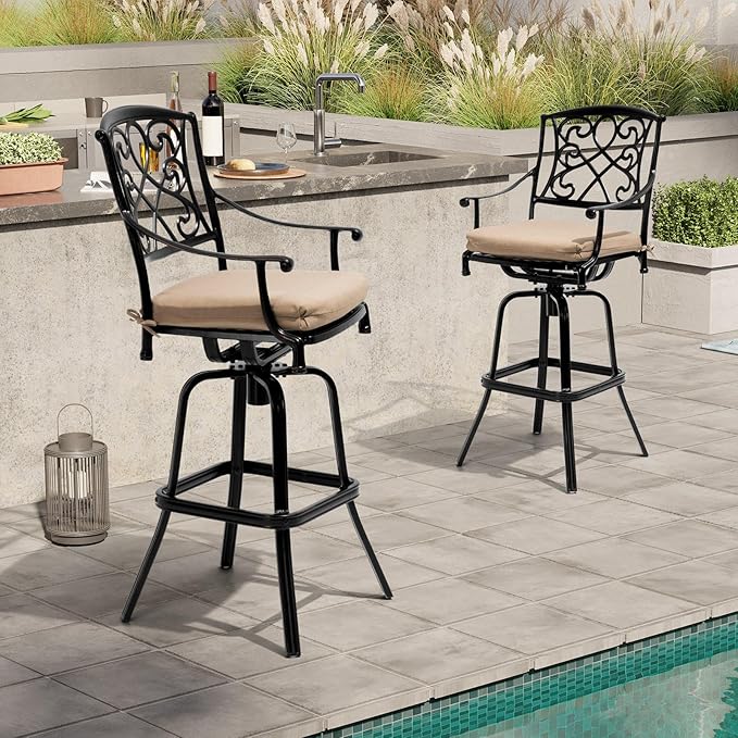 Crestlive Products Outdoor Bar Stools with Sunbrella Cushion Set of 2, 360° Swivel Patio Bar Height Chairs, All Weather Heavy Duty Commercial Grade Furniture, Antique Brown Finish for Outside (Beige)