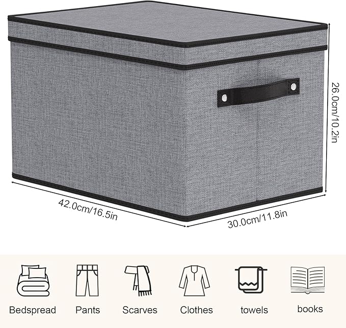 Storage Bins with Lids and Handles, Storage Boxes for Organizing Shelves, Decorative Linen Closet Organizers, Gray, 16.5 x 11.8 x 10.2 Inch, 5-Pack