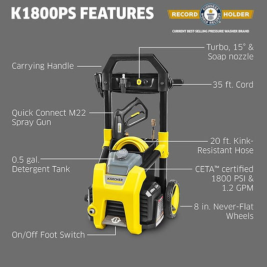 Kärcher Pressure Washer K1800PS, CETA Certified, 3 Spray Nozzles, Detergent Tank, for Cars, Driveways, Siding, Patios, 1.2 GPM