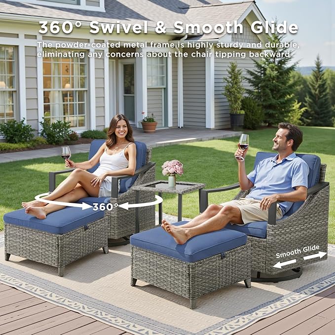 5 Pieces Patio Furniture Set - High Back Outdoor Swivel Rocker Chairs with Thick Cushions 2 Ottoman and Side Table, Wicker Patio Conversation Sets for Porch Deck Garden Backyard Gray/Blue