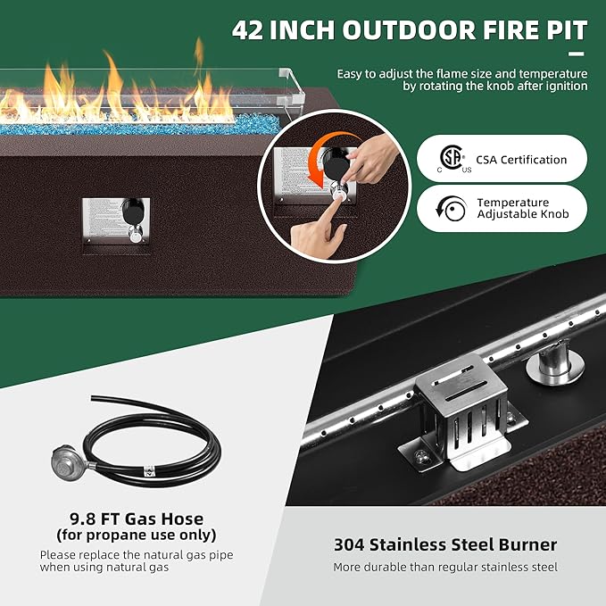 UPHA 42-inch Outdoor Propane Gas Fire Pit Table 50000 BTU Iron Rectangle Firepit for Outside Patio with Tank Hidden Table, Wind Guard, Removable Lid, Blue Glass Rocks, Rain Cover, Brown