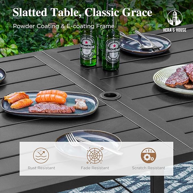 HERA'S HOUSE Patio Dining Table, 60" x 38" Rectangular Large Surface 6 Person Steel Frame Outdoor Dining Table with Umbrella Hole for Lawn Garden Backyard