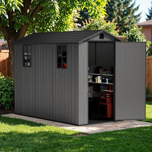 Greesum 4x8FT Plastic Outdoor Storage Shed with Floor, Resin Storaged Sheds with Lockable Door, Window & Vent, All-Weather Tool Sheds for Garden, Backyard, Patio, Dark Gray (One-Piece Panel)