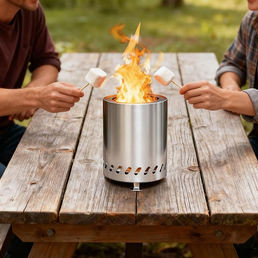 Tabletop Fire Pit with Stand 9.7 x 7.1 Inch, Smokeless Camping Stove for Outdoor Safe Burning, Fueled by Pellets or Wood, Stainless Steel with Portable Travel Bag for Urban, Suburbs & Camping