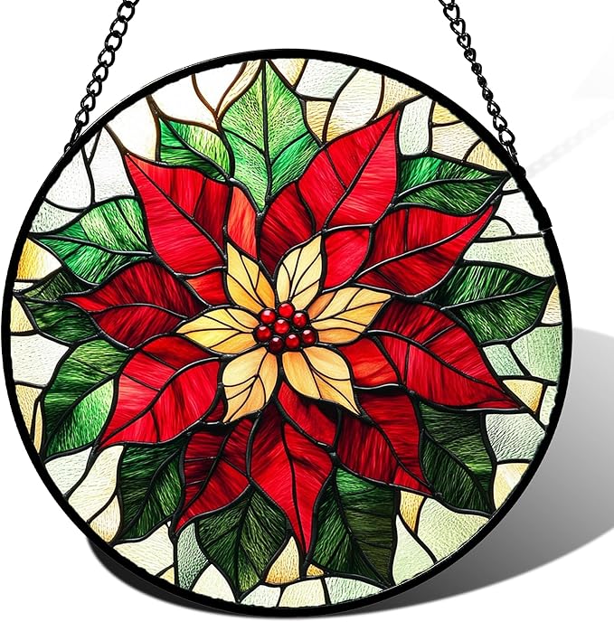 AMDERVEN Stained Glass Window Hanging - Red Poinsettia Birth Flower Sun Catcher for Door Garden Home Decor Suncatcher Christmas Mother's Day Birthday Gifts for Women Men Mom Girl Nana Friend 7.8 in
