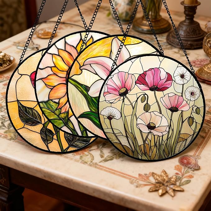 AMDERVEN Stained Glass Window Hanging 4 Pcs Set Lily Rose Sunflower Poppy 7.8" - Flower Suncatcher Door Garden Sun Catcher Decor Birthday Mother's Day for Wife Woman Nana Girl