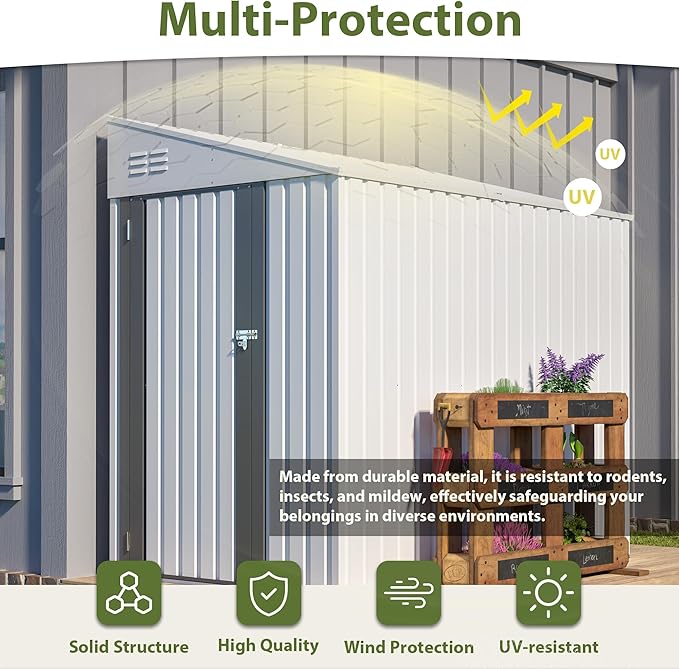 4x7 FT Metal Outdoor Storage Shed, Lean-to Garden Tool and Bike Shed with Lockable Door and Air Vents, Waterproof Sloped Roof Steel Utility Shed for Backyard, Patio, Lawn Equipment, White