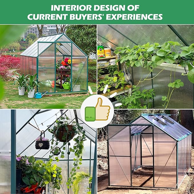 WACASA 10x6 FT Polycarbonate Greenhouse for Outdoors, Heavy Duty Aluminum Greenhouses kit with Rain Gutter, Vent and Lockable Door, Walk-in Green House for Winter, Garden, Patio, Backyard, Green
