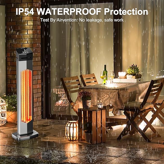 AKIRES Outdoor Electric Patio Heater,37IN 1500W Infrared Tower Heater with Instant Heating,Tip-Over & Overheat Protection,IP54 Waterproof Space Heater For Patio Garage Indoor & Outdoor Use,Silver