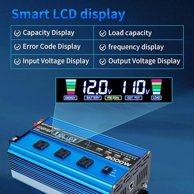 2000W Pure sine Wave Inverter 4000W (Peak) DC 12V to AC 110V/120V Converter with LCD Display Wireless/Wired Remote Control 3AC Outlets and 4USB for Camping RV Travel Off-Grid Solar Systems