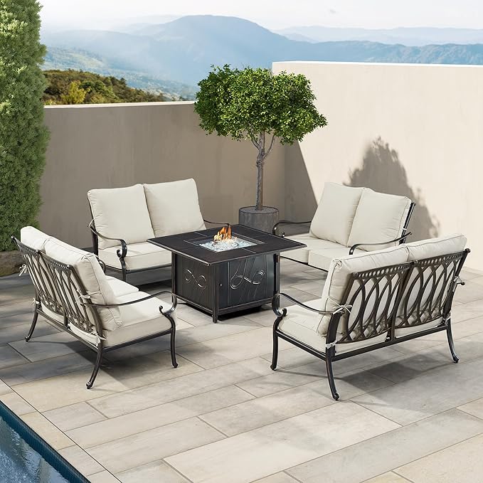 Oakland Living RICA-4LS-REGIS-LGCU-AC Black Aluminum Patio Fire Table Set with Four Deep Seating Loveseat with Cushions, Antique Copper