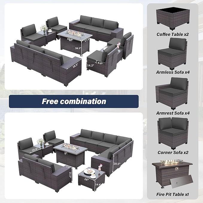 Kurapika 13 Pieces Patio Furniture Set, Rattan Wicker Outdoor Conversation Sets w/43in Propane Fire Pit Table(Grey)