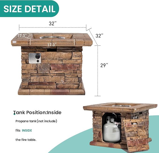 32" Outdoor Propane Fire Pit, Square Stonecrest Gas Firepit for Outside Patio, Concrete Propane Fire Table 50,000 BTU Gas Fire Pits with Waterproof Cover, Red Fire Glass