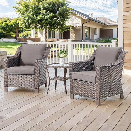 3 Pieces Patio Furniture Set-Wicker Patio Chairs Set of 2 with Tempered Glass End Table Outdoor Patio Chairs for Deck Balcony Poolside Backyard-Brown/Grey