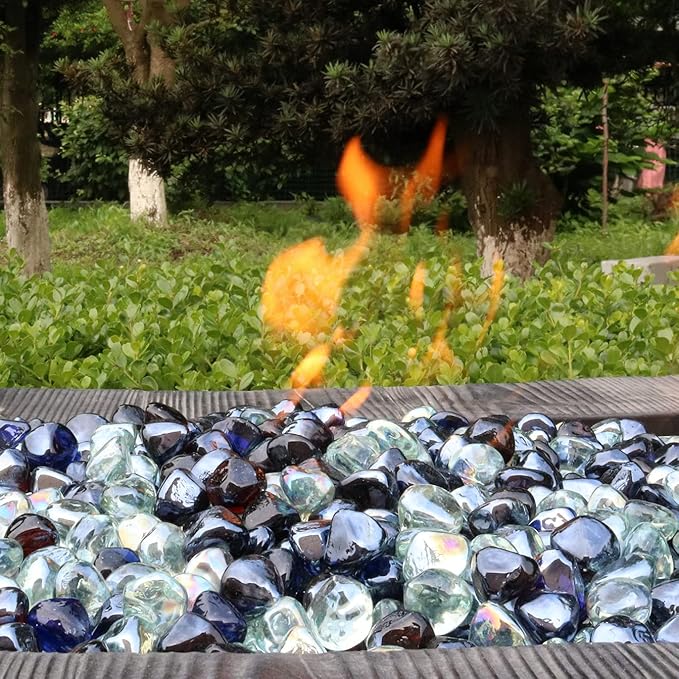 Fire Glass Diamond 1 Inch Fire Pit Glass Rocks for Propane or Gas Fire Pit (Gift Package) (10 Pounds, White/Cobalt Blue/Amber Luster Blend)