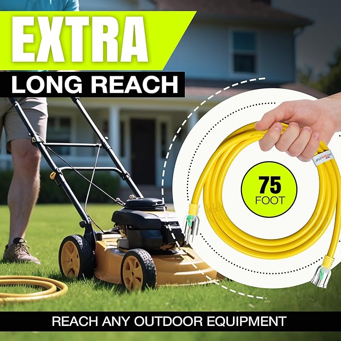 75ft Outdoor/Indoor Extension Cord 10/3 Gauge Ultra Heavy Duty 3 Prong SJTW, Waterproof, Flexible Cold-Resistant Long Power Cord,15A 125V 1875W, Yellow by LifeSupplyUSA
