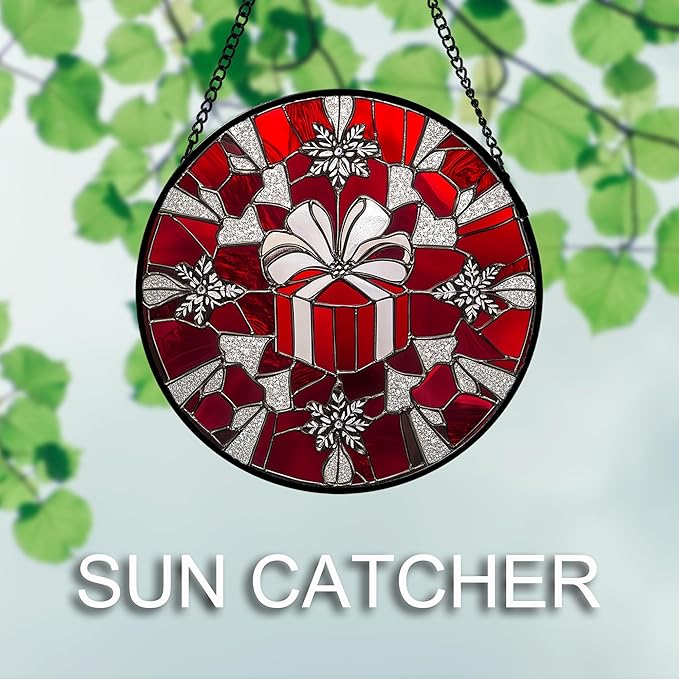 DASTOLL Stained Glass Window Hanging 4 Pcs Set Red Christmas Decorations Theme 7.8" - Suncatcher Door Garden Sun Catcher Decor Birthday for Mom Woman Nana Men Friend Wife