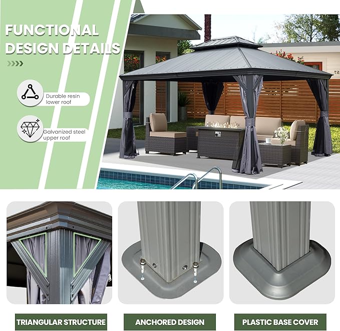 Domi 12' X 12' Hardtop Gazebo, Upgraded Metal Gazebo with Dual-Layer Resin Roof, Drainage System, Curtain and Netting, Outdoor Shelter Canopy for Patio, Garden, and Backyard, Grey