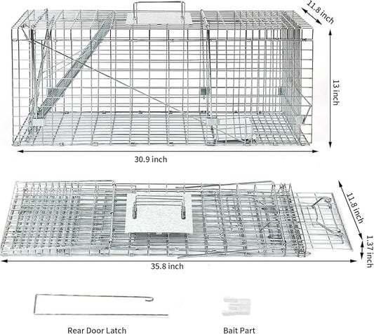 31×12×13 Inch Heavy-Duty Live Animal Cage Trap - Humane Catch & Release for Raccoons, Cats, Squirrels, Rabbits, Groundhogs - Safe & Durable Steel Construction with Secure Door Lock
