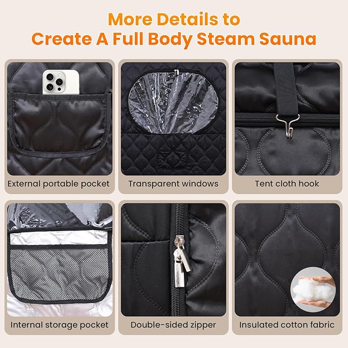 Portable Sauna for Home, Upgraded Personal Steam Sauna Box with 3L 1300W Steamer, Folding Chair, Extra Large Size Foldable Home Sauna 3’X 3’X 5.9’, Full Body Sauna Tent for Relaxation Spa, Black
