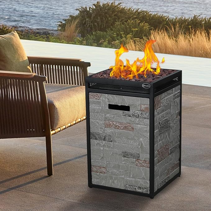 Afterglow Terrafab Grey Panels with Steel Frame 16" Square 40,000 Btu Propane Fire Column Outdoor Wood Effect Fire Pit for Outdoor Patio Garden Backyard Decking Decor CSA Certificated
