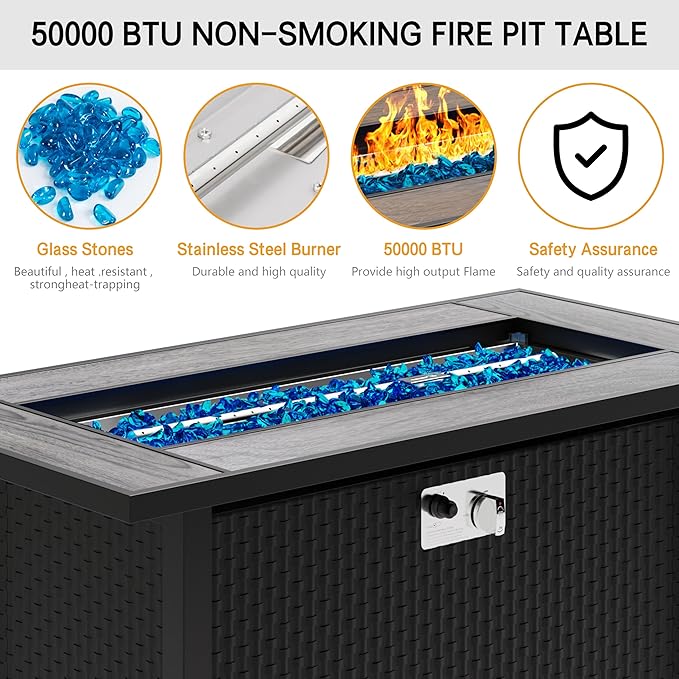 Meilocar 45in Fire Table, Propane Fire Pit with Glass Wind Guard and Rain Cover, Outdoor Firepit Table 50000 BTU 3-in-1 Fire Table for Patio/Yard/Balcony, Gray Tabletop