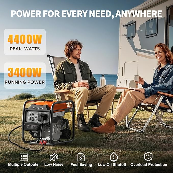 4400 Watt Portable Inverter Generator, Gas Powered Generator with ECO Mode, Low Oil Shutoff, Lightweight & Quiet for Home Use and Emergency Backup, Camping, EPA Compliant