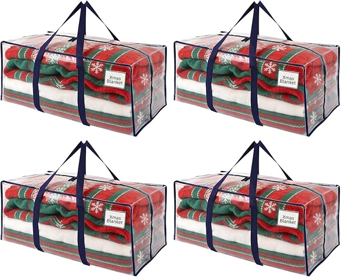 VENO 4 Pack Moving Bags, Christmas Storage Containers, Storage Bins with Lids, Reinforced Wraparound Handles, Packing Bags for Clothes, Bedding, Comforters (Clear, 4 Pack)