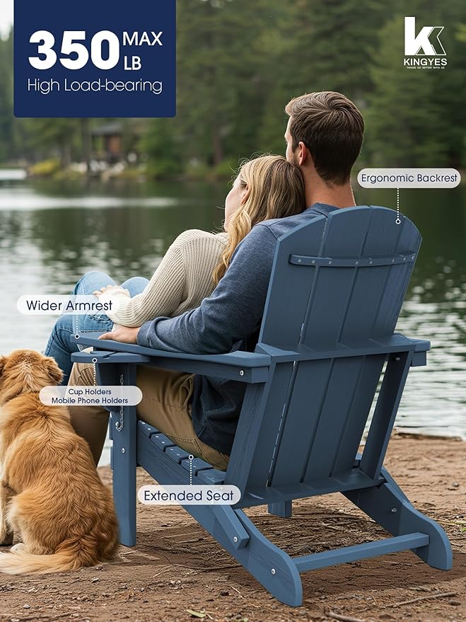 KINGYES Folding Adirondack Chair Set of 8, Dual Cup Holders & All-Weather HDPE, Wood-Like Patio Chair for Backyard, Camping, Pool & Fire Pit, Navy