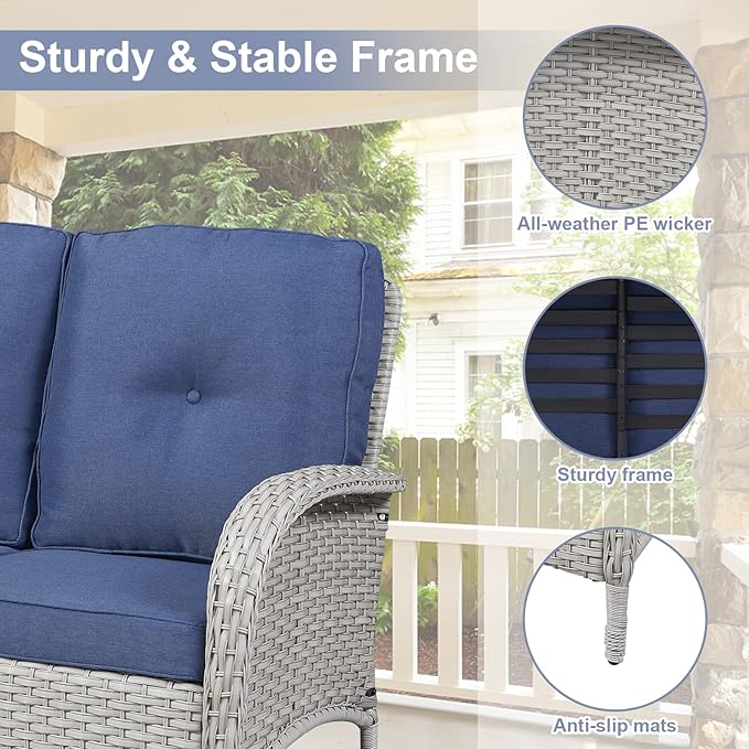 Belord Patio Wicker Furniture with Swivel Rocker Chairs Loveseat, 5 Piece Rattan Furniture Outdoor Swivel Rocking Chairs and Table Set for Patio Deck Porch Backyard