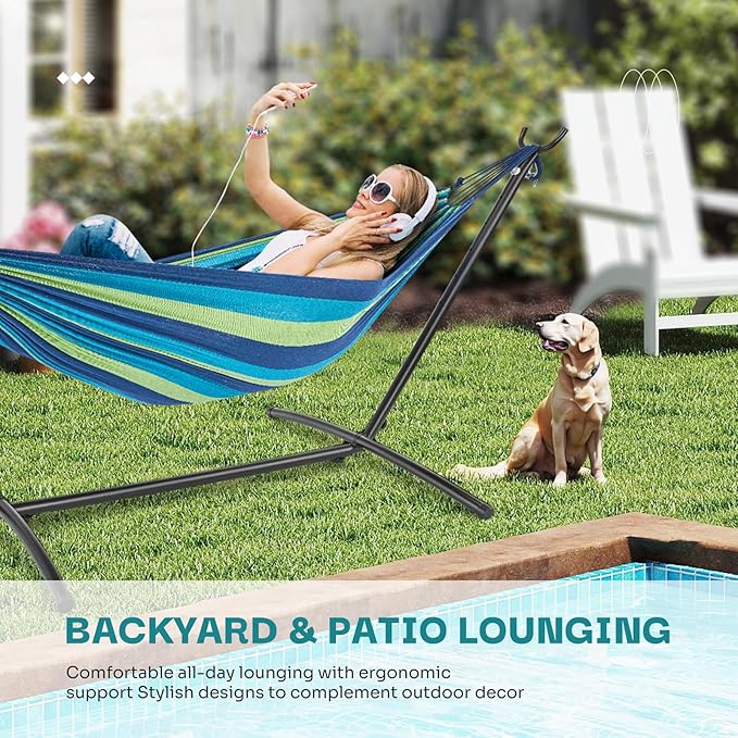 NEWBULIG Double Hammock with Stand, Heavy Duty Portable Hammocks for Outdoor Indoor Patio Camping, Space Saving Design & Carry Bag, Easy Assembly, 450lb Weight Capacity, Blue & Green