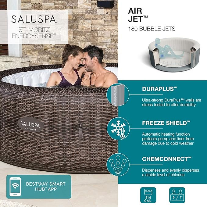Bestway SaluSpa St Moritz AirJet 5 to 7 Person Inflatable Hot Tub Round Portable Outdoor Spa with 180 AirJets and EnergySense Energy Saving Cover