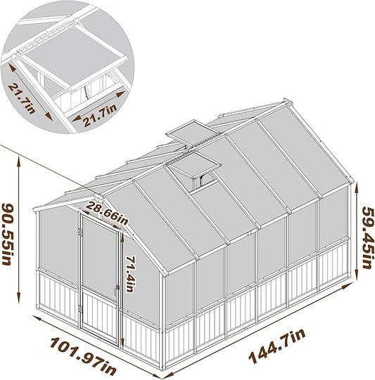 BlueWish 8x12 FT Greenhouse for Outdoors, Wood Green House with Cedar Frame & 6MM Thick Polycarbonate Panel, Walk in Greenhouse with Adjustable Vents for Outdoor, Patio, Garden, Backyard