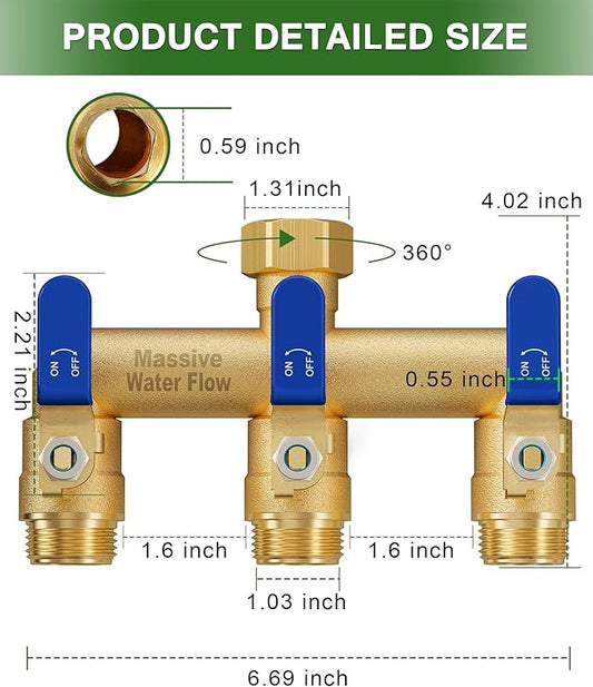 3 Way Hose Splitter, Heavy Duty Full Flow Garden Water Hose Bib Spigot Splitter, Brass Rust and Freeze Resistant Outdoor Faucet Splitter, T Adapter Connector with 3/4 - Inch GHT Thread （Blue）