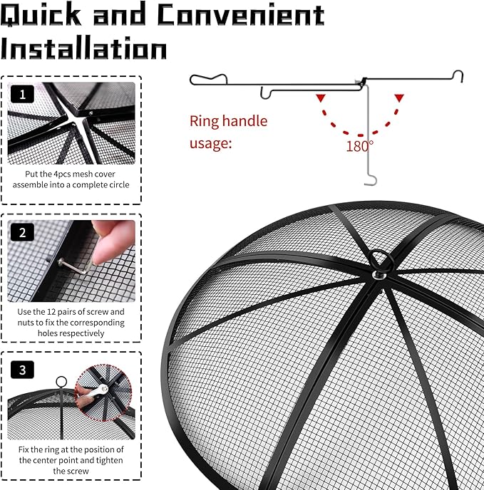 Fire Pit Spark Screen, Outdoor 27 Inch Round Fire Pit Screen with Foldable Hook and Fire Safety Gloves, Heavy Duty Steel Mesh Fire Pit Cover, Fire Pit Lid for Backyard, Beach, RV Camping