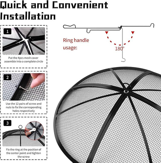 Fire Pit Spark Screen, Outdoor 27 Inch Round Fire Pit Screen with Foldable Hook and Fire Safety Gloves, Heavy Duty Steel Mesh Fire Pit Cover, Fire Pit Lid for Backyard, Beach, RV Camping