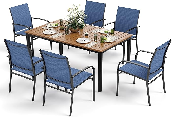 7 Pieces Patio Table and Chairs Set, Patio Dining Set for 6, 6 Textilene Chairs and 1 Wood-Like Rectangle Steel Table with Umbrella Hole, for Deck Backyard Lawn Poolside, Blue