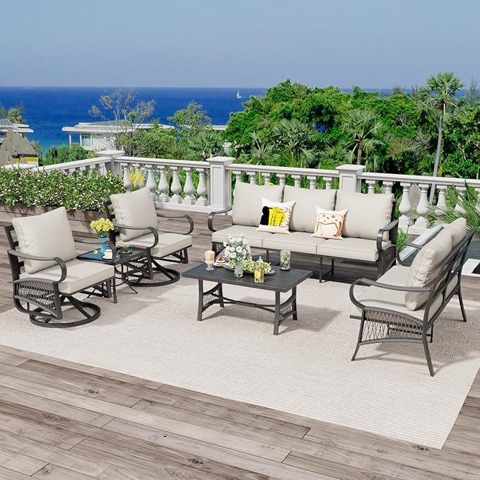 6 Piece Patio Furniture Set, 2 Single Swivel Chairs, Rope Braided Exposed with Thick Cushions, Outdoor All Weather Patio Conversation Sectional Sofa Set for Garden, Porch, Lawn, Beige