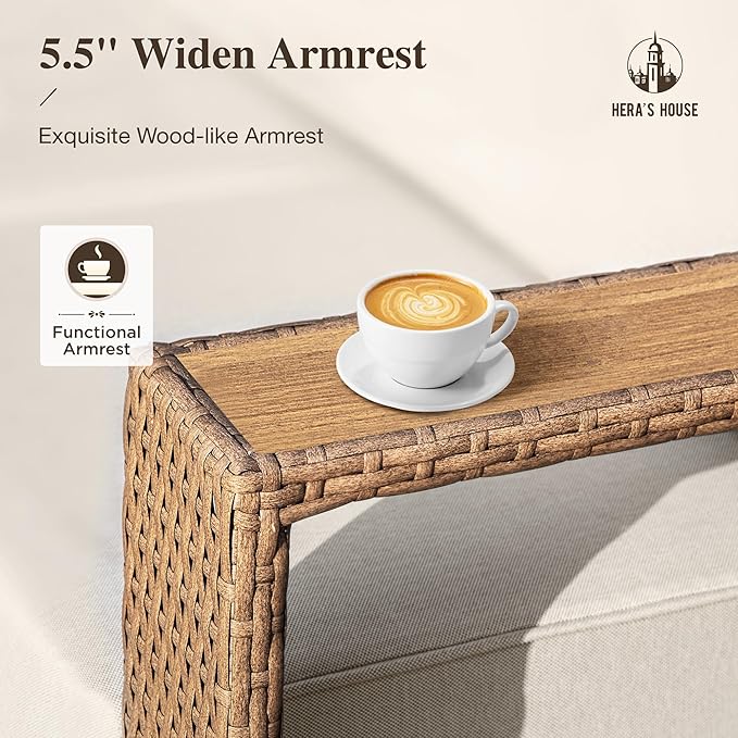 HERA'S HOUSE Patio Furniture, Outdoor Rattan Wicker Armchair, All Weather Patio Conversation Set with 5.3" Widened Armrest, 10" Ultra Thick Comfy Sponge Cushion, Patio Couch for Garden Backyard