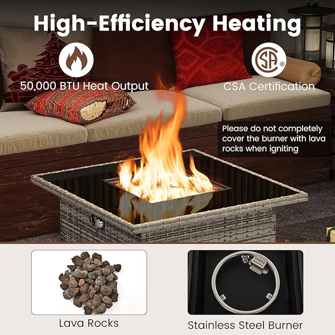 Tangkula 32.5 Inch Propane Fire Pit Table, Outdoor Rattan Gas Firepit with Tempered Glass Tabletop & Stainless Steel Burner, Square Fire Pit with Lava Rocks & Protective Cover for Outside Patio